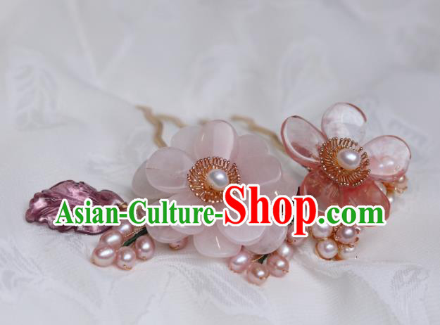 China Classical Hanfu Pearls Hairpin Traditional Ming Dynasty Princess Rose Quartz Flower Hair Comb