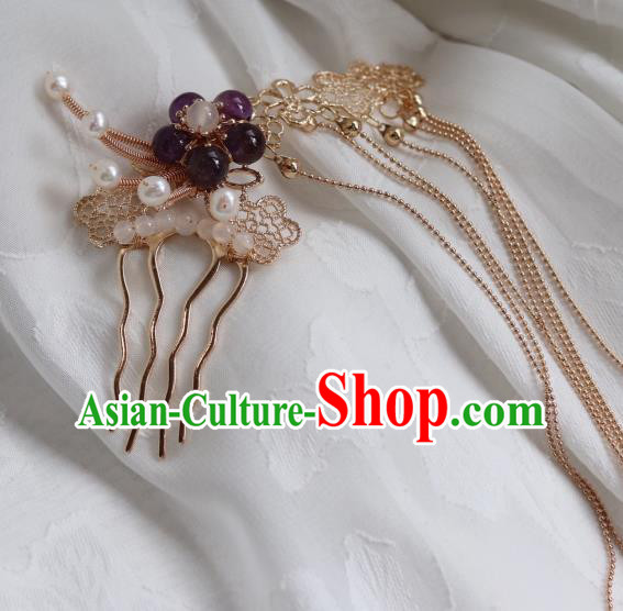 China Traditional Amethyst Plum Hairpin Classical Cheongsam Golden Tassel Hair Comb