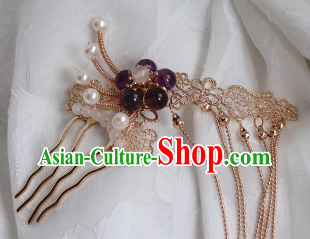 China Traditional Amethyst Plum Hairpin Classical Cheongsam Golden Tassel Hair Comb