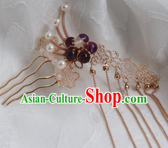 China Traditional Amethyst Plum Hairpin Classical Cheongsam Golden Tassel Hair Comb
