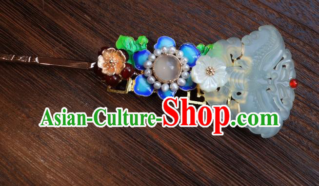 China Traditional Qing Dynasty Jade Butterfly Hairpin Classical Blueing Flower Hair Stick
