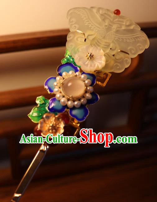 China Traditional Qing Dynasty Jade Butterfly Hairpin Classical Blueing Flower Hair Stick