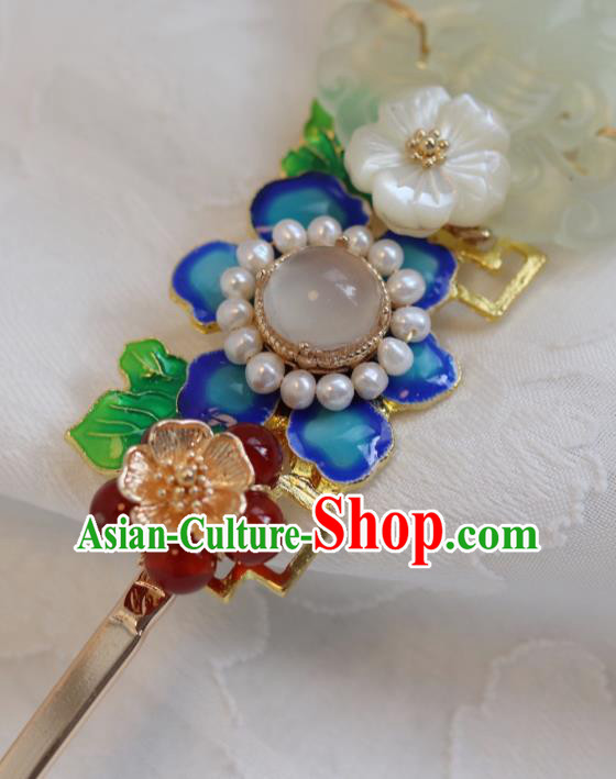 China Traditional Qing Dynasty Jade Butterfly Hairpin Classical Blueing Flower Hair Stick