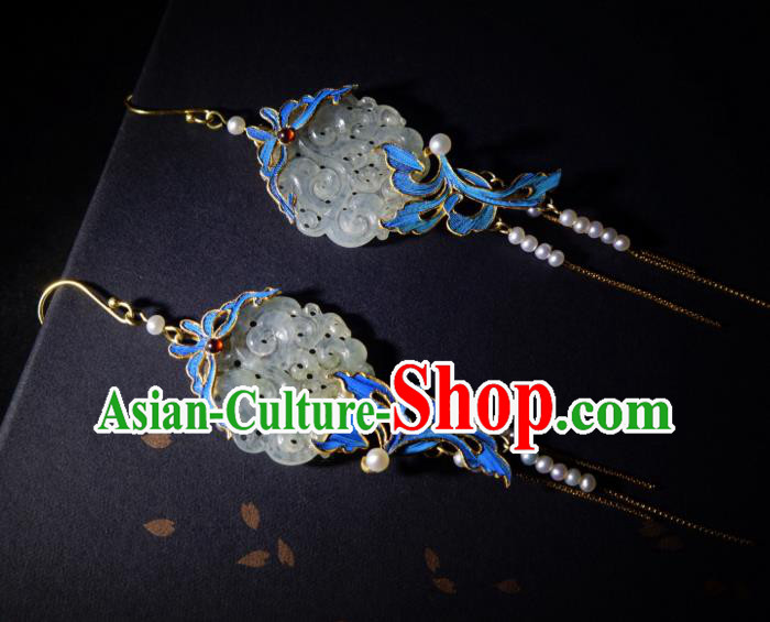 Chinese Traditional Culture Jewelry Pearls Tassel Earrings Ancient Qing Dynasty Blueing Jade Ear Accessories