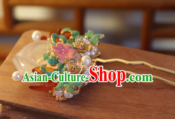 China Classical Pearls Enamel Hair Stick Traditional Qing Dynasty Jade Peach Hairpin