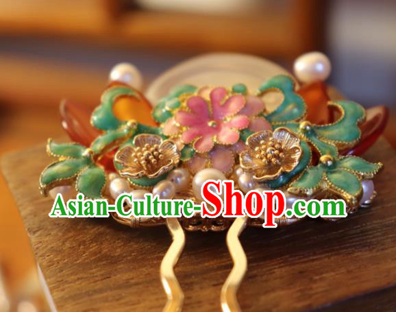 China Classical Pearls Enamel Hair Stick Traditional Qing Dynasty Jade Peach Hairpin