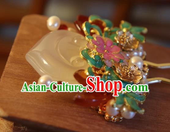 China Classical Pearls Enamel Hair Stick Traditional Qing Dynasty Jade Peach Hairpin