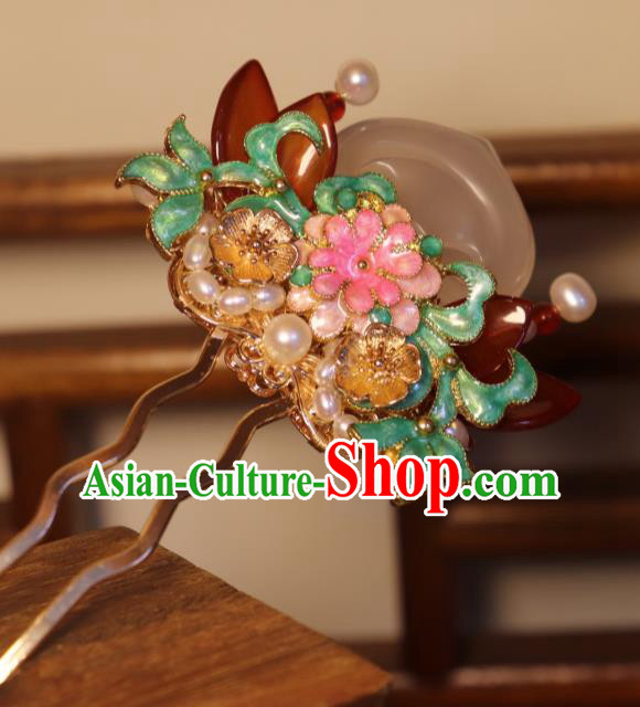 China Classical Pearls Enamel Hair Stick Traditional Qing Dynasty Jade Peach Hairpin