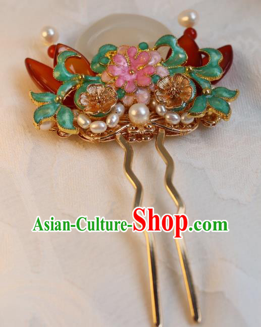 China Classical Pearls Enamel Hair Stick Traditional Qing Dynasty Jade Peach Hairpin