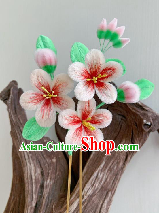 China Classical Velvet Peach Blossom Hairpin Traditional Qing Dynasty Palace Lady Flower Hair Stick