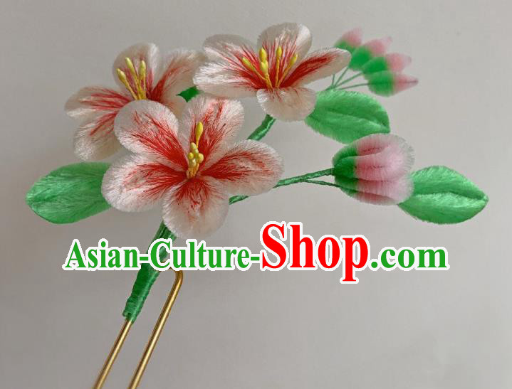 China Classical Velvet Peach Blossom Hairpin Traditional Qing Dynasty Palace Lady Flower Hair Stick