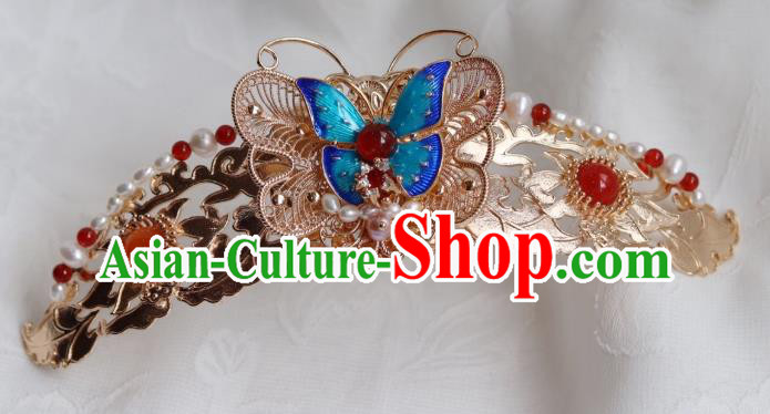 China Classical Blueing Butterfly Hair Crown Traditional Ming Dynasty Princess Hairpin