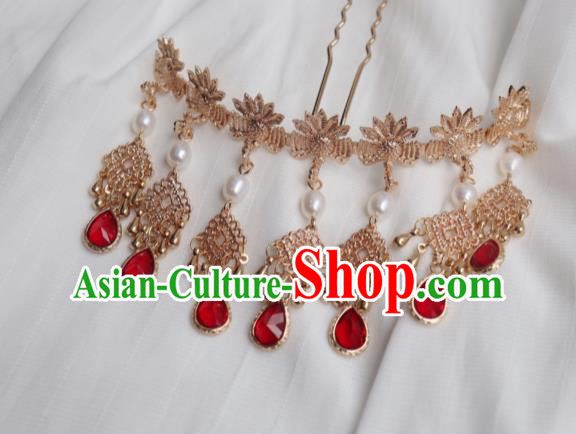 China Traditional Ming Dynasty Golden Phoenix Hair Stick Ancient Princess Red Crystal Hairpin