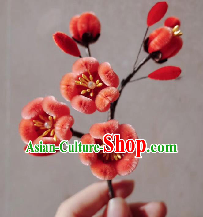 China Traditional Qing Dynasty Palace Lady Flower Hair Stick Classical Red Velvet Plum Blossom Hairpin