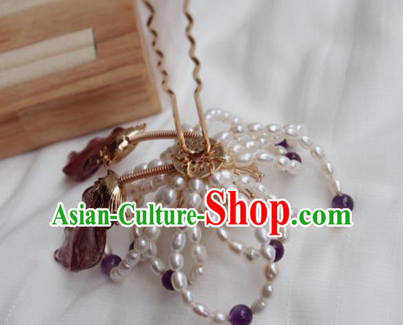 China Ancient Princess Amethyst Hairpin Traditional Ming Dynasty Pearls Plum Hair Stick
