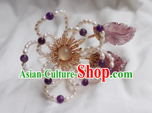 China Ancient Princess Amethyst Hairpin Traditional Ming Dynasty Pearls Plum Hair Stick
