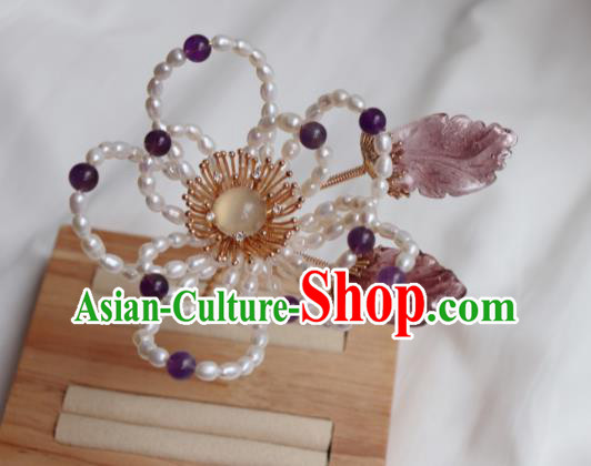 China Ancient Princess Amethyst Hairpin Traditional Ming Dynasty Pearls Plum Hair Stick