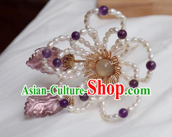 China Ancient Princess Amethyst Hairpin Traditional Ming Dynasty Pearls Plum Hair Stick