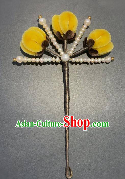 China Traditional Qing Dynasty Yellow Velvet Plum Hair Stick Classical Pearls Hairpin