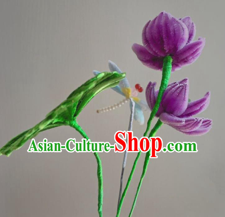 Traditional China Qing Dynasty Empress Hair Stick Classical Purple Velvet Lotus Hairpin