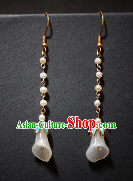 Chinese Traditional Culture Jewelry Ancient Qing Dynasty Court Pearls Ear Accessories Lily Flower Earrings
