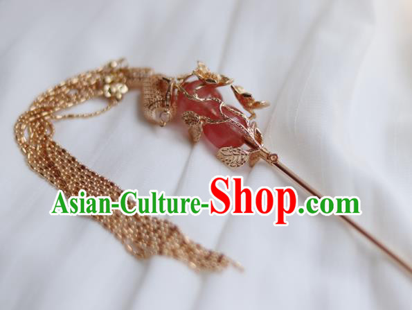 China Ancient Princess Rose Quartz Hairpin Traditional Ming Dynasty Golden Lantern Tassel Hair Stick