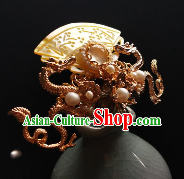 China Ancient Empress Golden Dragon Hairpin Traditional Ming Dynasty Shell Hair Crown