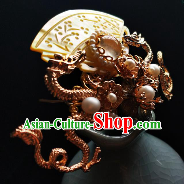 China Ancient Empress Golden Dragon Hairpin Traditional Ming Dynasty Shell Hair Crown