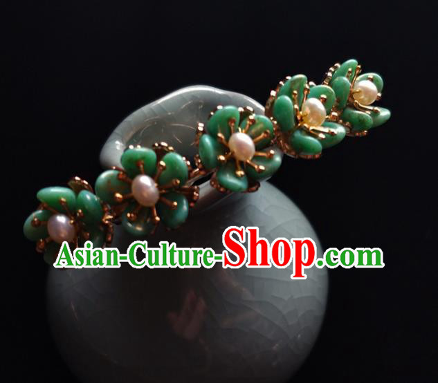 China Ancient Princess Green Plum Hairpin Traditional Ming Dynasty Pearls Hair Stick