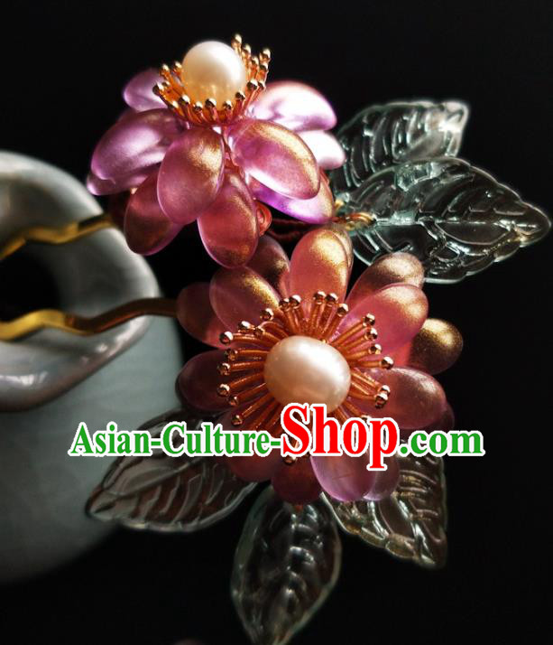 China Ancient Princess Hairpin Traditional Ming Dynasty Pink Chrysanthemum Hair Clip