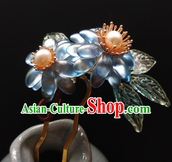 China Ancient Princess Blue Chrysanthemum Hairpin Traditional Ming Dynasty Pearls Hair Clip