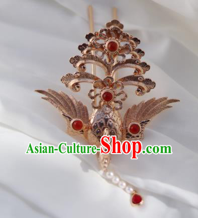 China Ancient Empress Pearls Tassel Hairpin Traditional Ming Dynasty Golden Phoenix Hair Crown