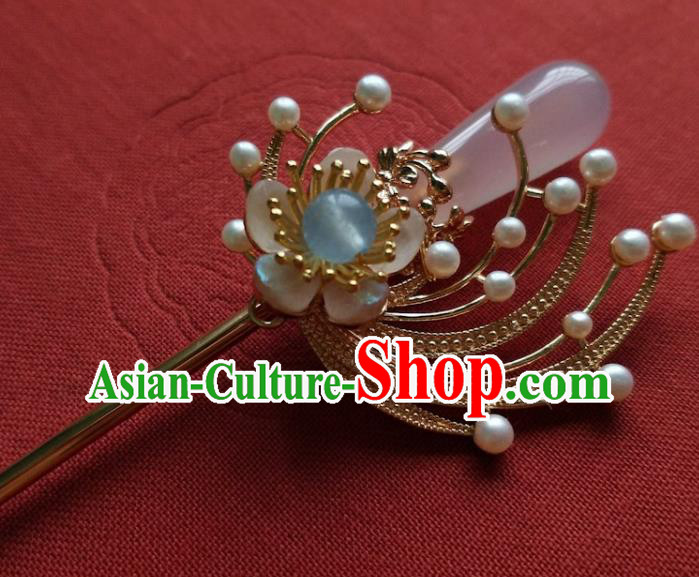 China Ancient Princess Rose Quartz Hairpin Traditional Ming Dynasty Beads Tassel Hair Clip