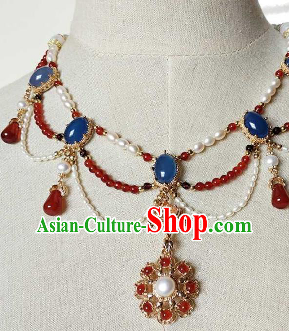 Chinese Traditional Hanfu Agate Necklace Accessories Classical Ming Dynasty Princess Pearls Necklet