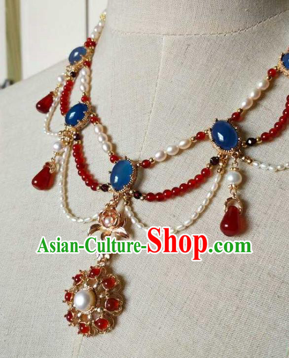 Chinese Traditional Hanfu Agate Necklace Accessories Classical Ming Dynasty Princess Pearls Necklet