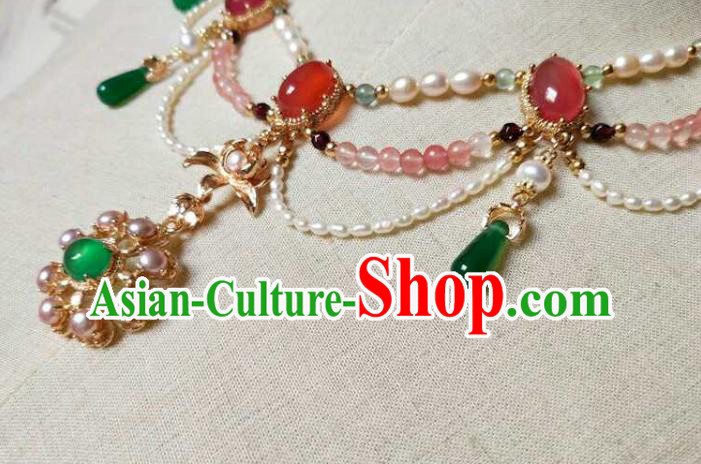 Chinese Traditional Hanfu Pearls Necklace Accessories Classical Ming Dynasty Princess Chrysoprase Necklet