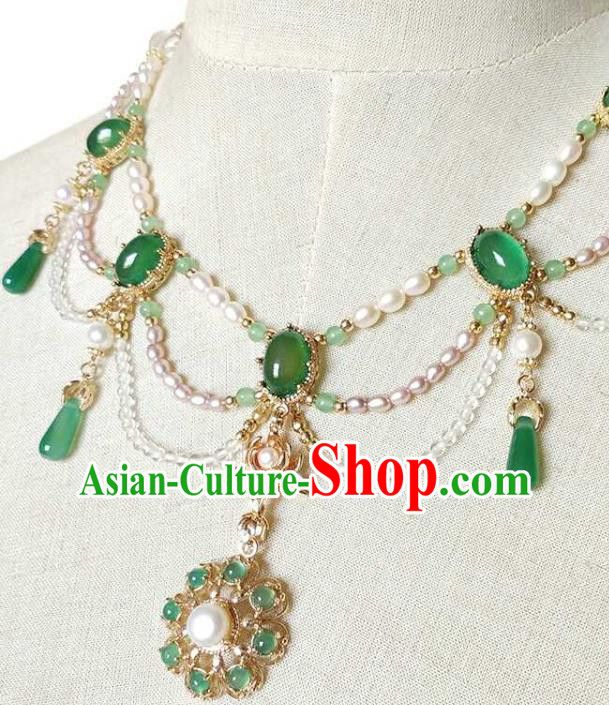 Chinese Classical Ming Dynasty Princess Chrysoprase Necklet Traditional Hanfu Pearls Necklace Accessories