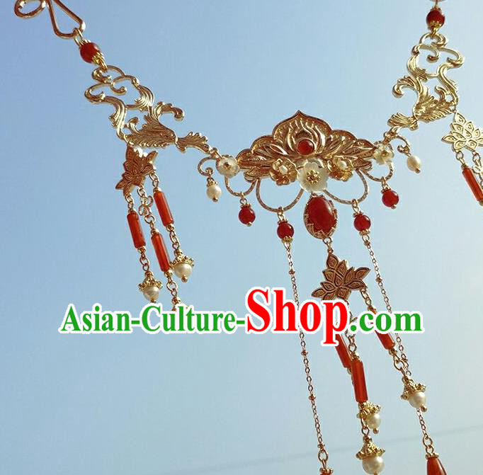 Chinese Traditional Ming Dynasty Princess Agate Tassel Necklet Classical Hanfu Golden Peony Necklace