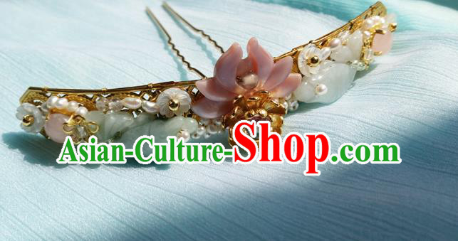 China Ancient Princess Pink Shell Lotus Hairpin Traditional Ming Dynasty Jade Pearls Hair Clip