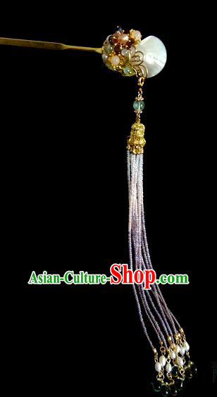 China Ancient Royal Princess Shell Hairpin Traditional Ming Dynasty Purple Beads Tassel Hair Stick
