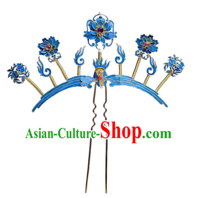 Chinese Traditional Qing Dynasty Cloisonne Peony Hair Jewelry Ancient Empress Tourmaline Hairpin