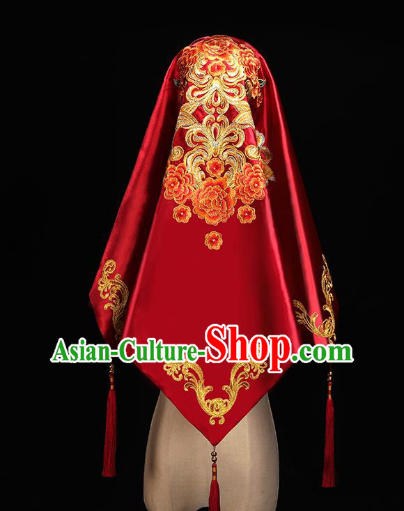 Chinese Traditional Wedding Accessories Embroidered Peony Red Bridal Veil