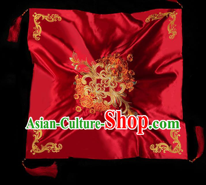 Chinese Traditional Wedding Accessories Embroidered Peony Red Bridal Veil