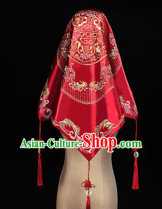Chinese Embroidered Phoenix Red Satin Bridal Veil Traditional Wedding Xiuhe Suit Headdress