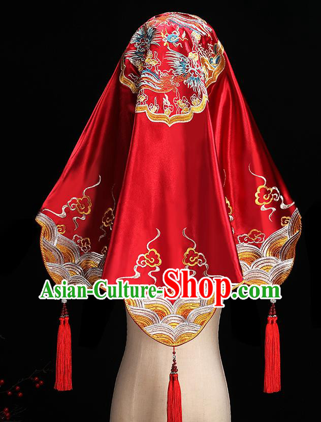 Chinese Embroidered Red Satin Bridal Veil Traditional Wedding Headdress Xiuhe Suit Accessories