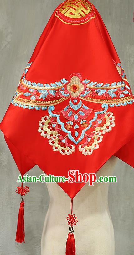 Chinese Traditional Wedding Headdress Xiuhe Suit Accessories Embroidered Red Satin Bridal Veil