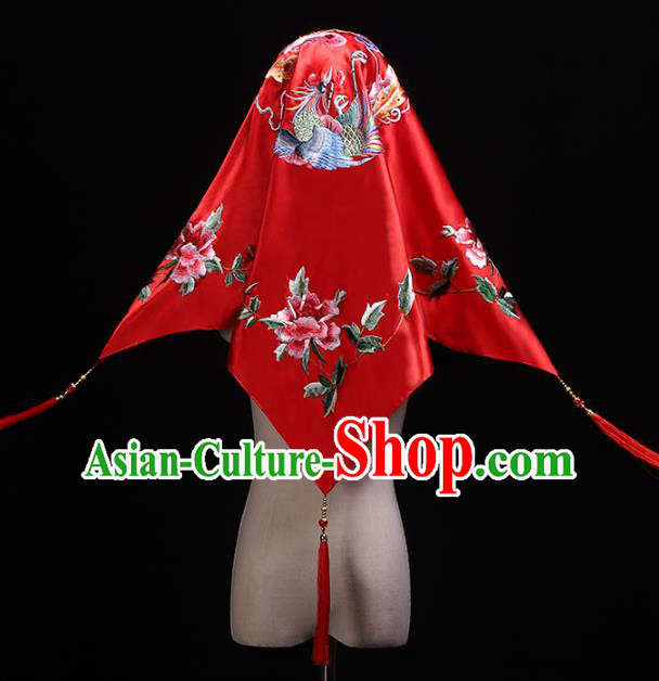 Chinese Embroidered Phoenix Peony Red Satin Bridal Veil Traditional Wedding Headdress Classical Xiuhe Suit Accessories