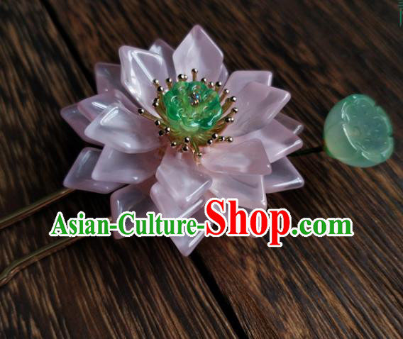China Ancient Princess Coloured Glaze Hairpin Traditional Ming Dynasty Pink Lotus Hair Stick