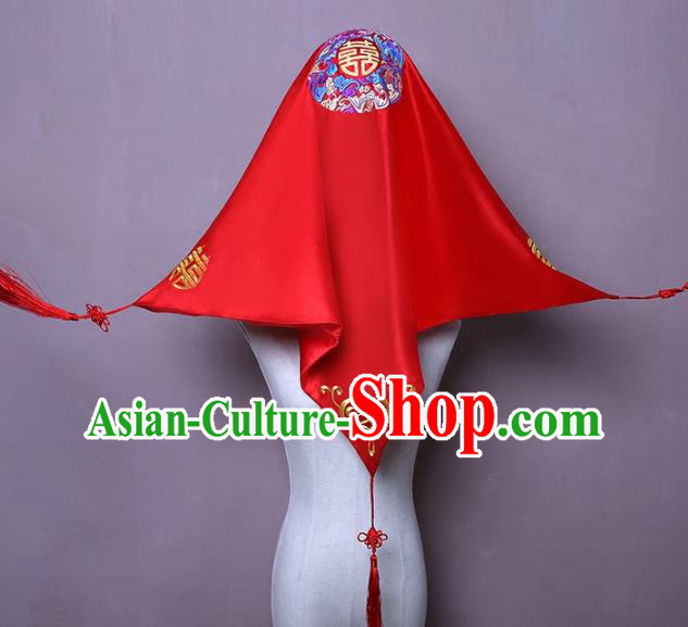 Chinese Embroidered Bridal Veil Traditional Wedding Headdress Classical Xiuhe Suit Red Satin Accessories