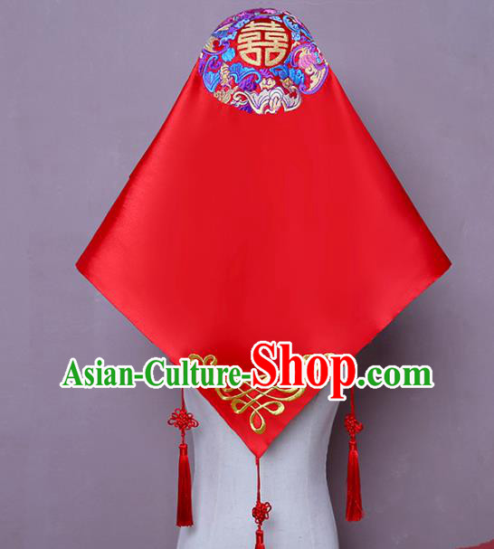 Chinese Embroidered Bridal Veil Traditional Wedding Headdress Classical Xiuhe Suit Red Satin Accessories